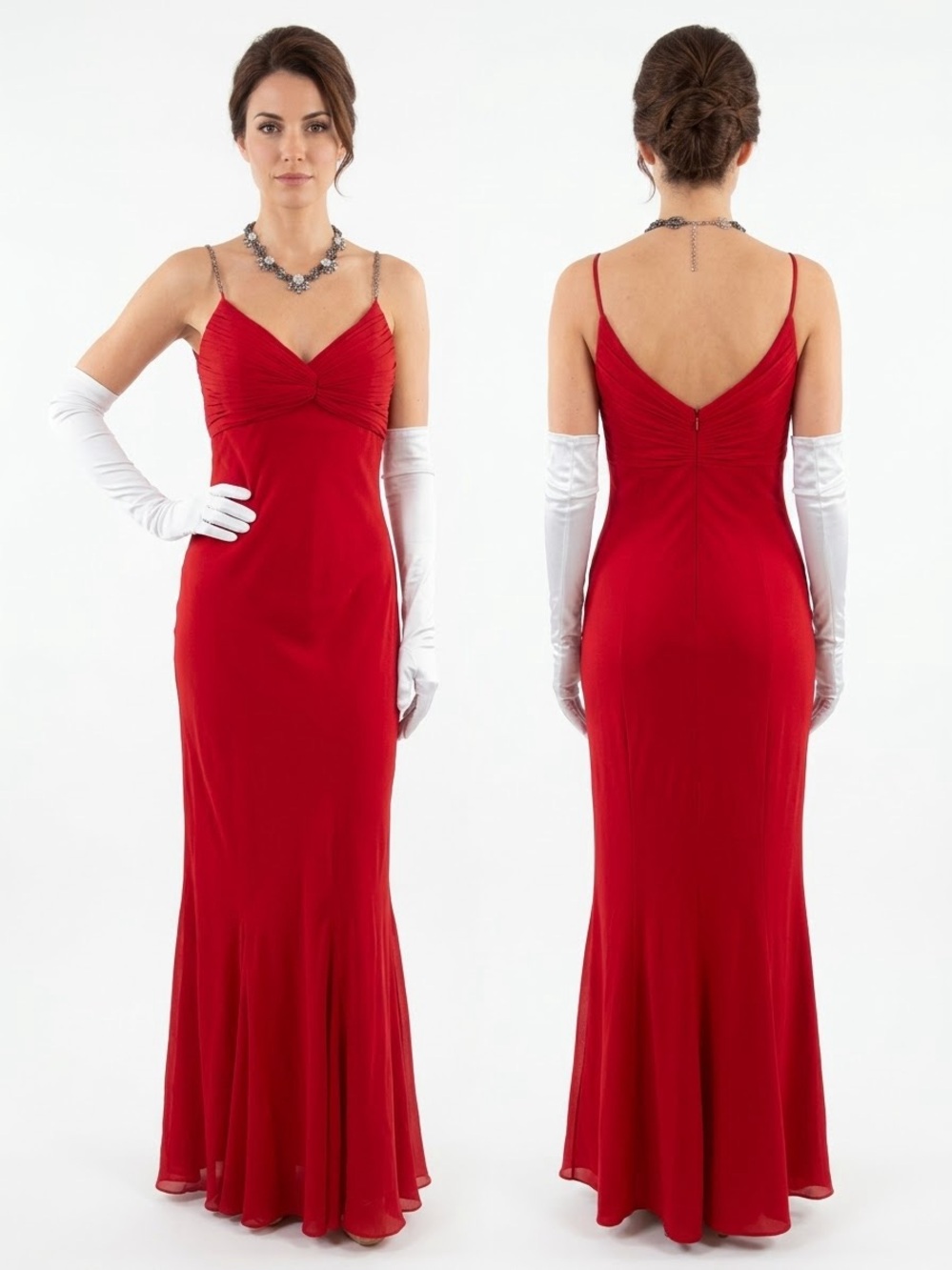 Vintage Cache Red Silk Chiffon Evening Gown with Embellished Straps & Ruching